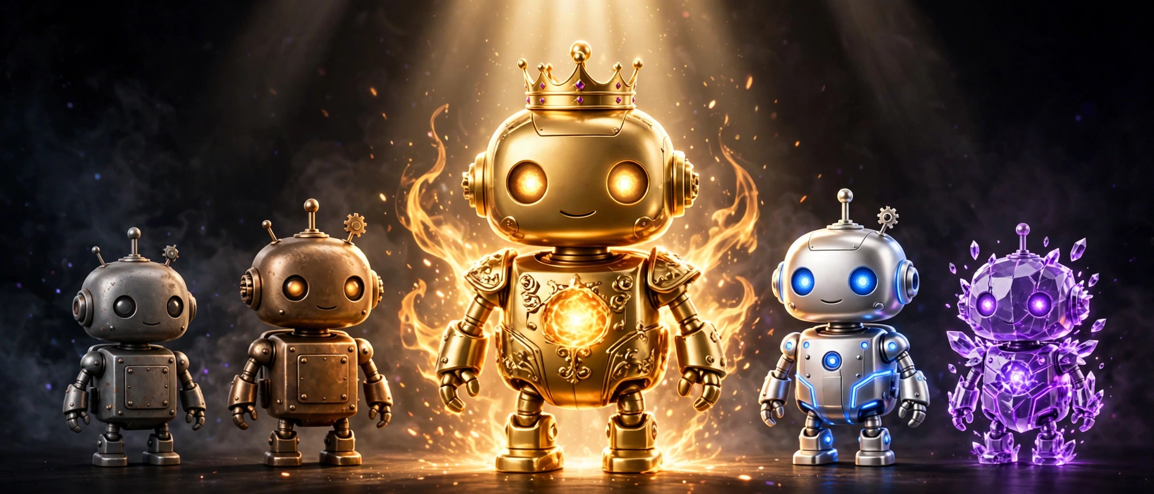 The golden Agentica robot in the spotlight, flanked by the other four robots